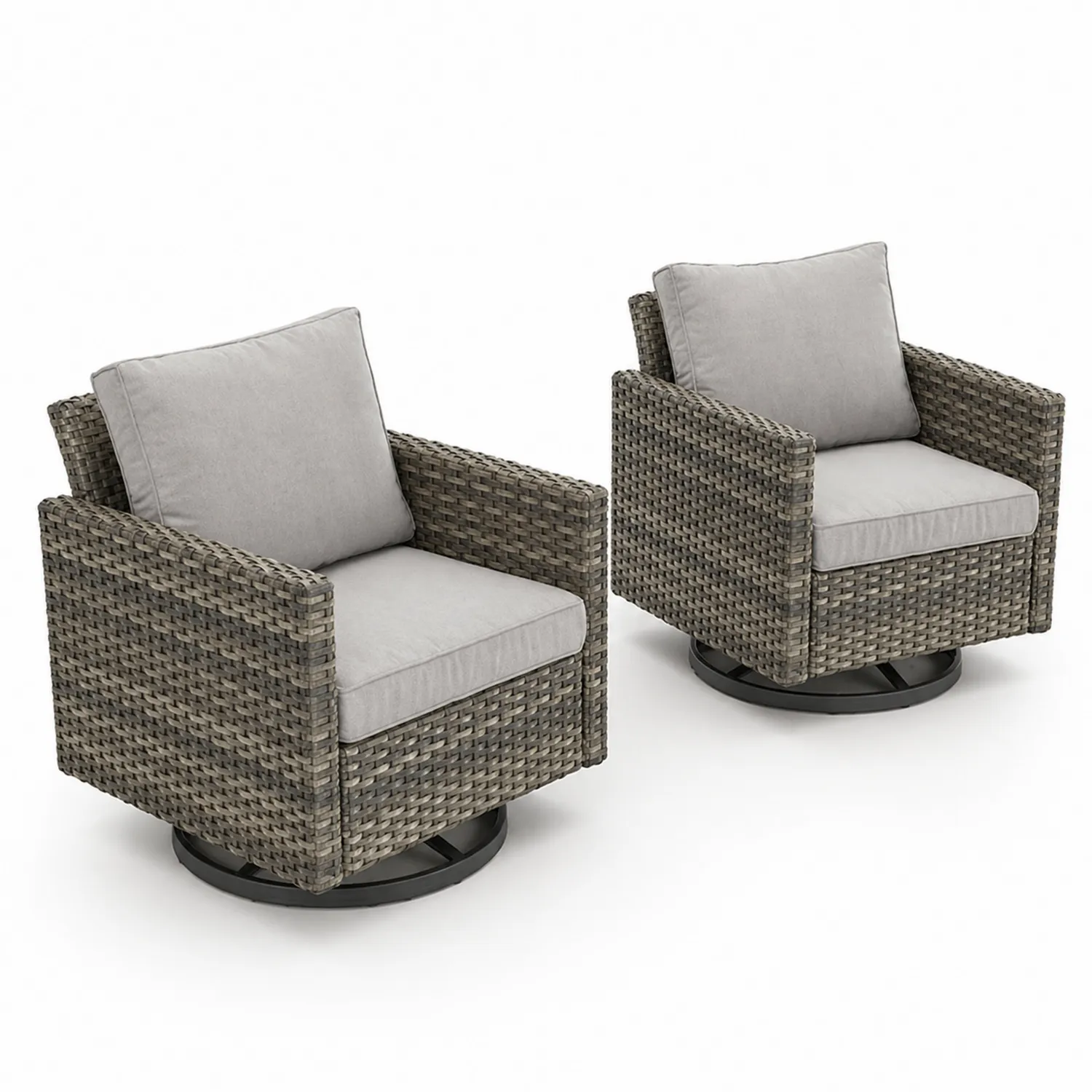 Lot de 2 fauteuils pivotants en résine tressée avec coussins gris