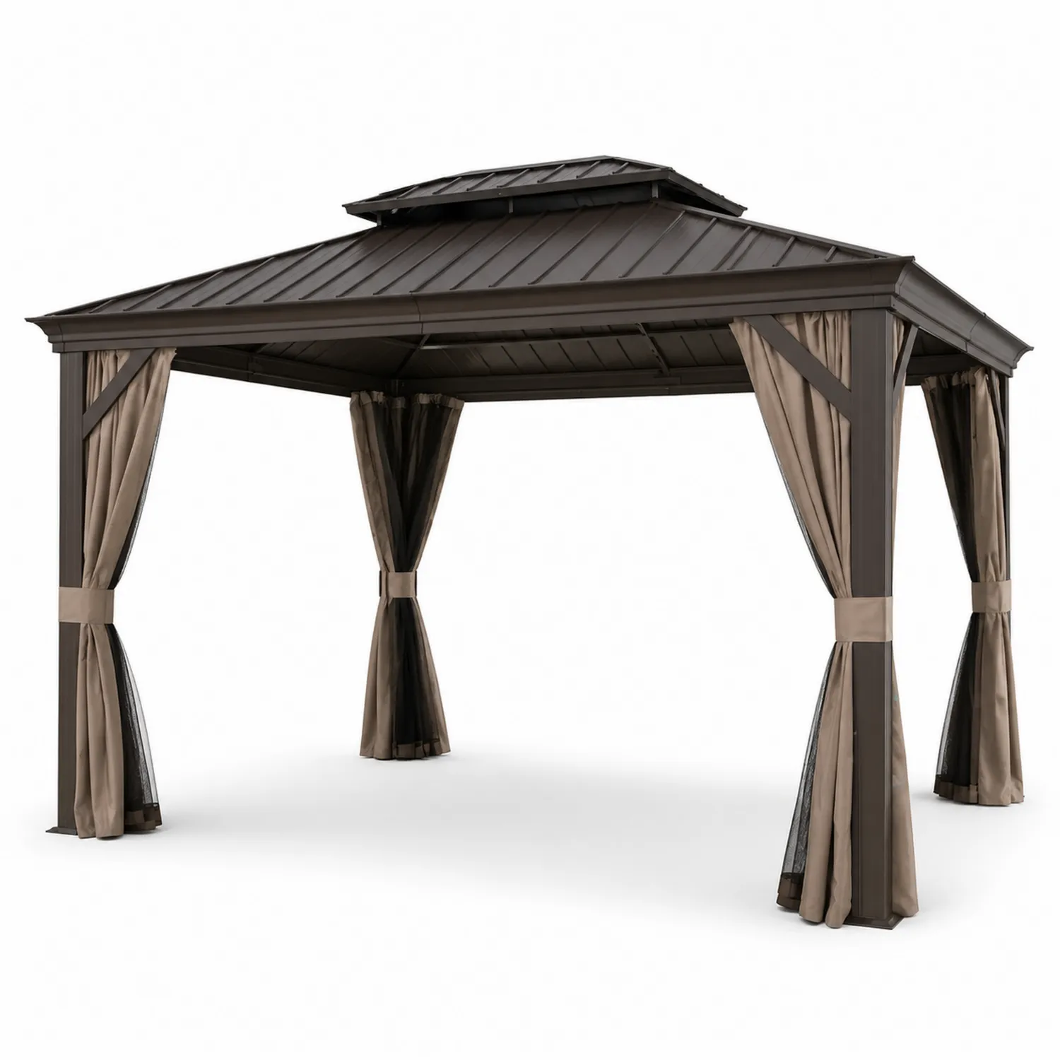 Pavillon en Acier avec Toit en Métal et Rideaux en Polyester
