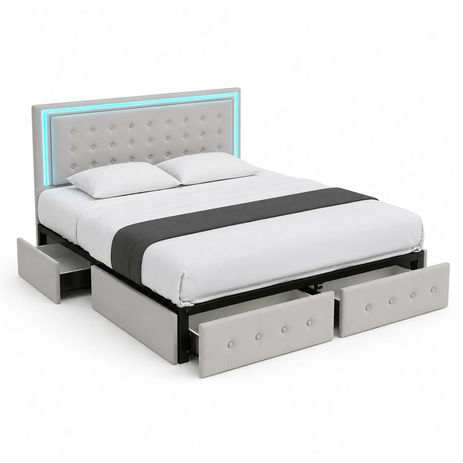 Lit en tissu avec tiroirs et LED