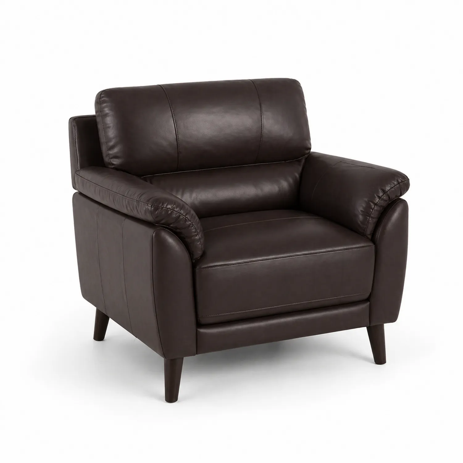 Fauteuil en cuir synthétique marron foncé avec pieds en bois
