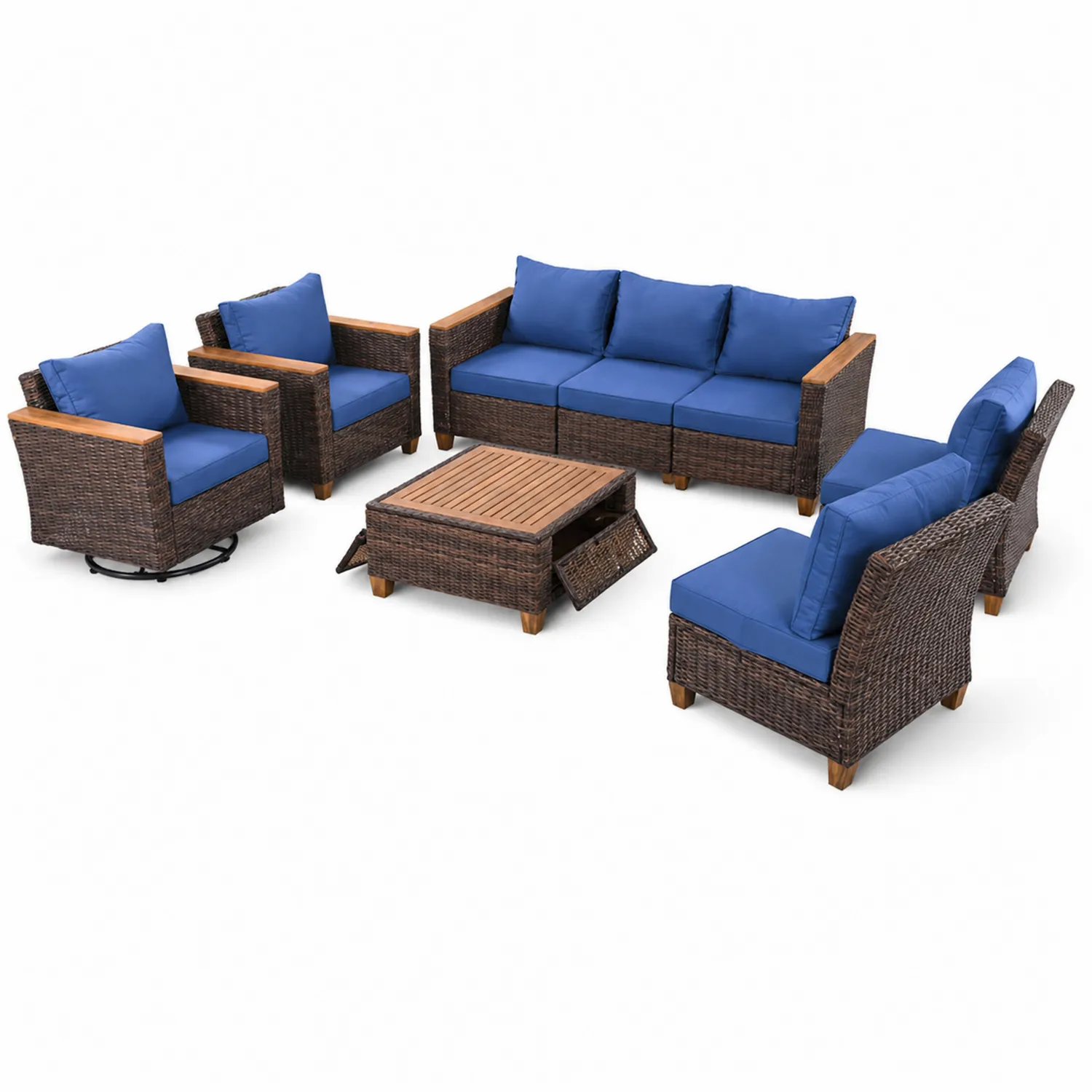 Ensemble de salon extérieur en rotin avec coussins bleu