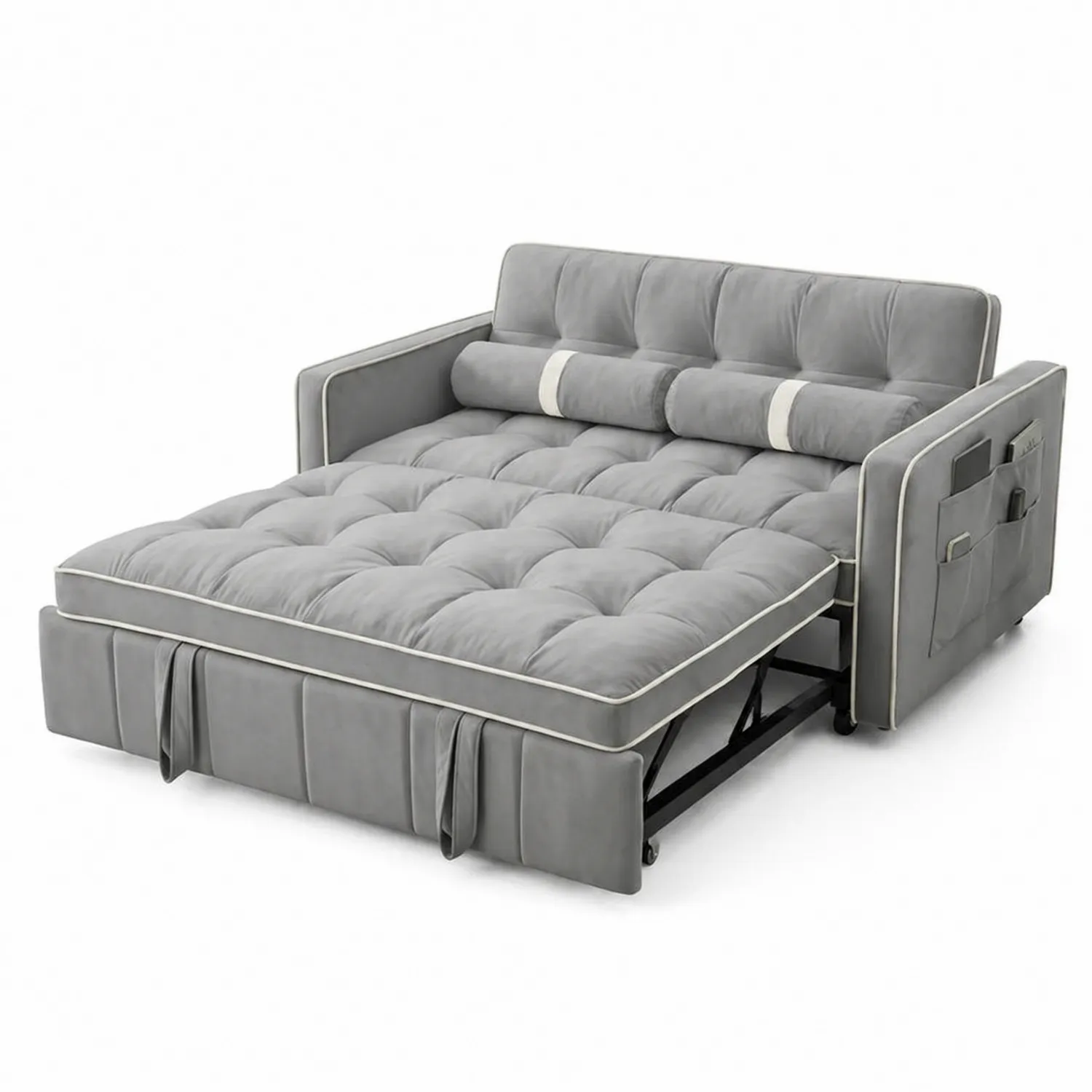 Canapé-lit en tissu avec rangement et coussins Gris