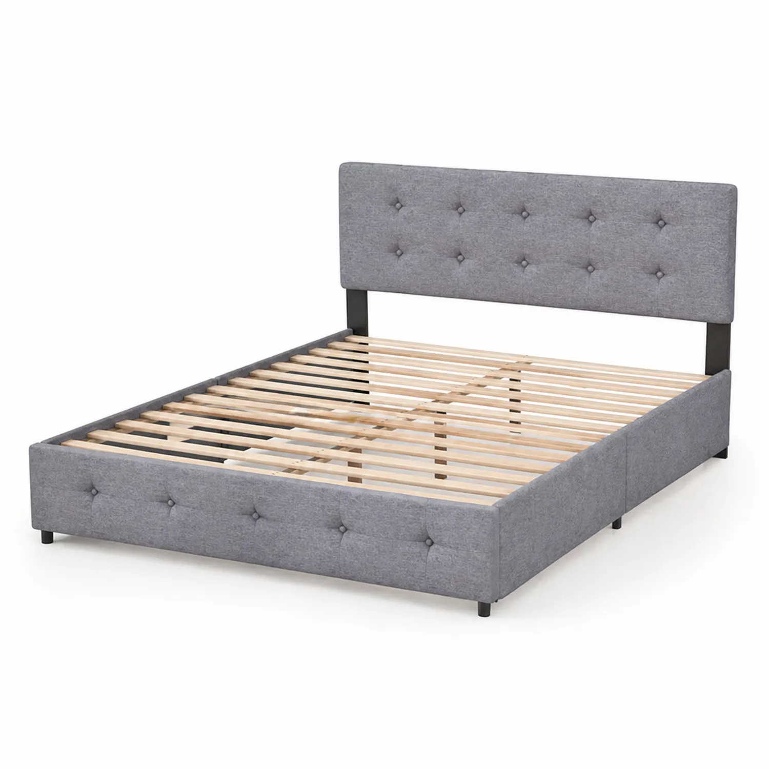 Lit double en bois et métal avec tête de lit en tissu