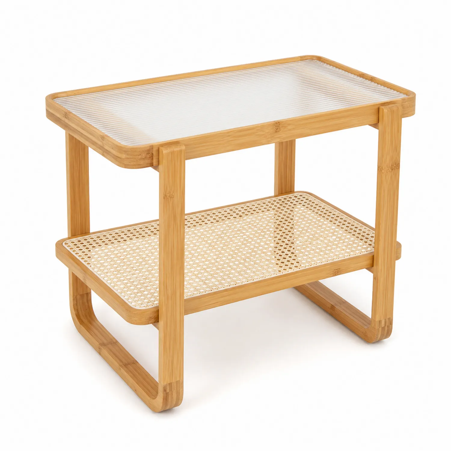 Table d'appoint en bambou avec plateau en verre cannelé