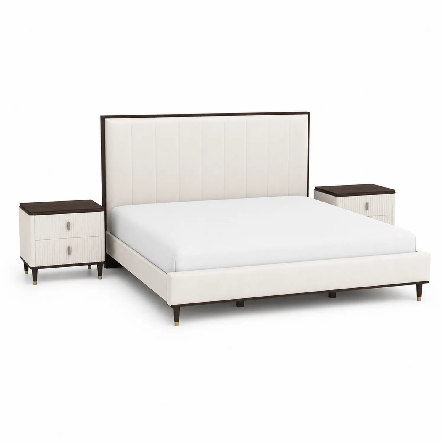Ensemble de chambre en bois avec lit double et tables de chevet PU Blanc/Marron foncé