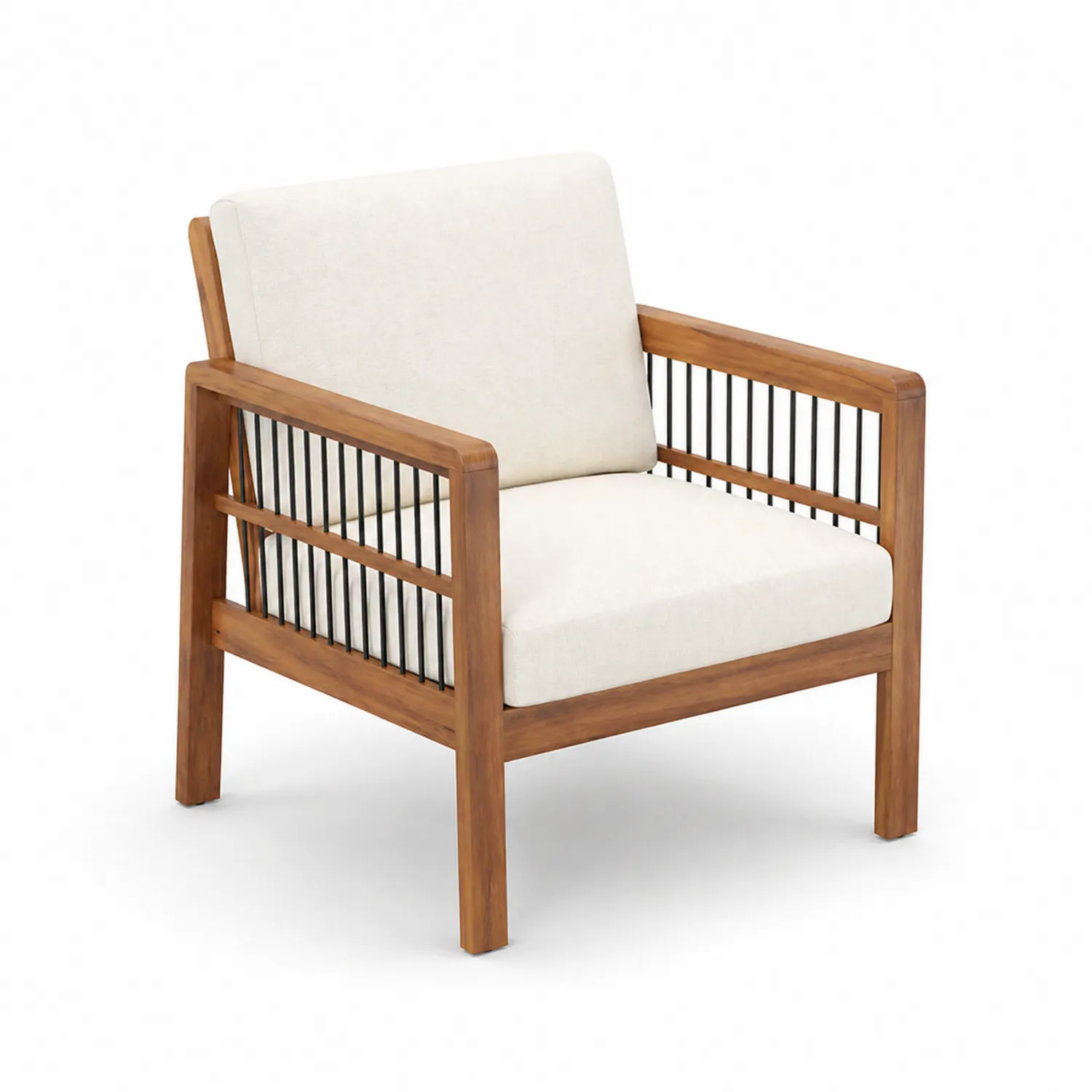 Fauteuil en bois d'acacia et acier avec coussins en polyester blanc
