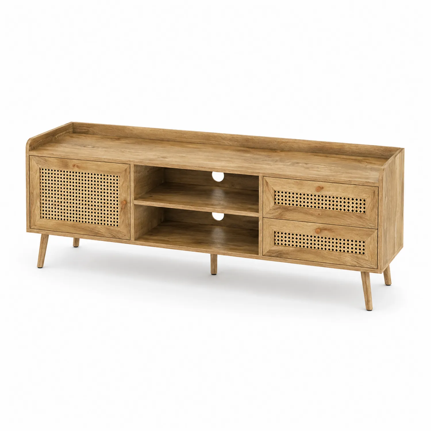 Meuble TV en bois d'acacia et rotin 150x45x50cm