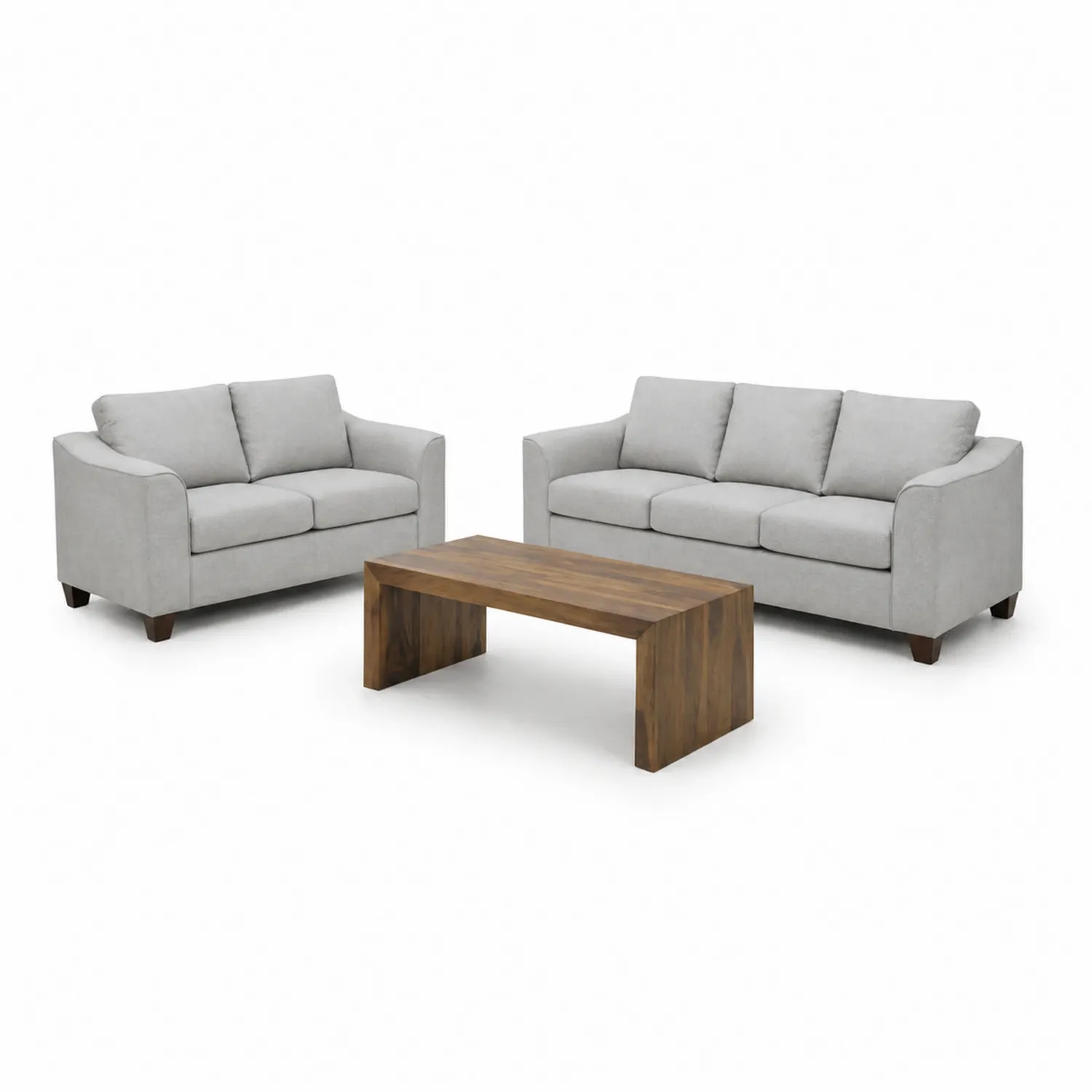 Ensemble de canapés en tissu gris clair avec table basse en bois
