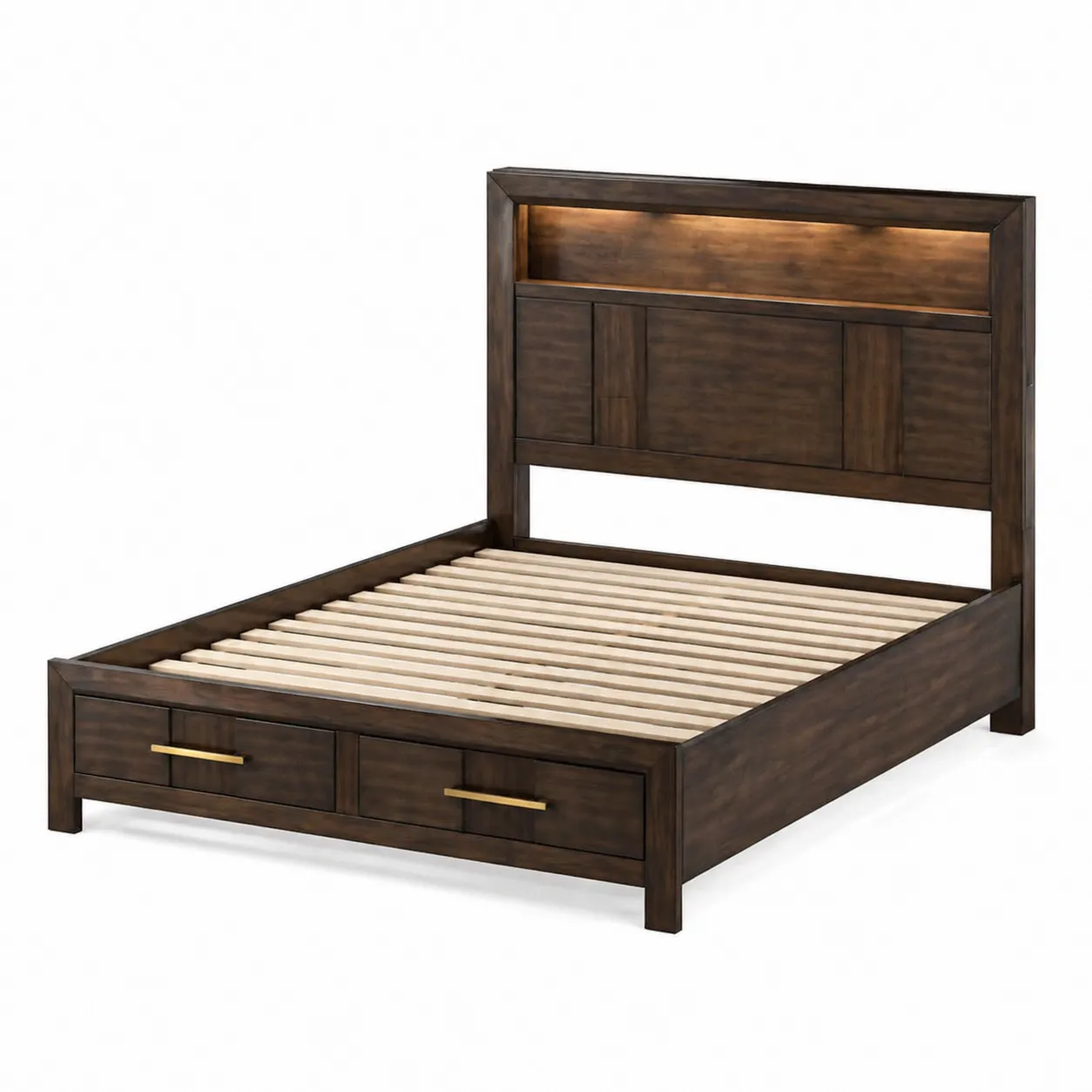 Letto in Legno di Pino con Cassetti Marrone e Illuminazione LED