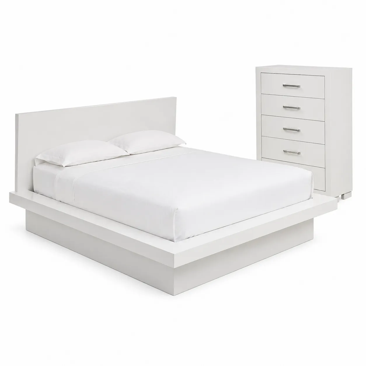 Set camera da letto matrimoniale in legno MDF bianco con letto e comò