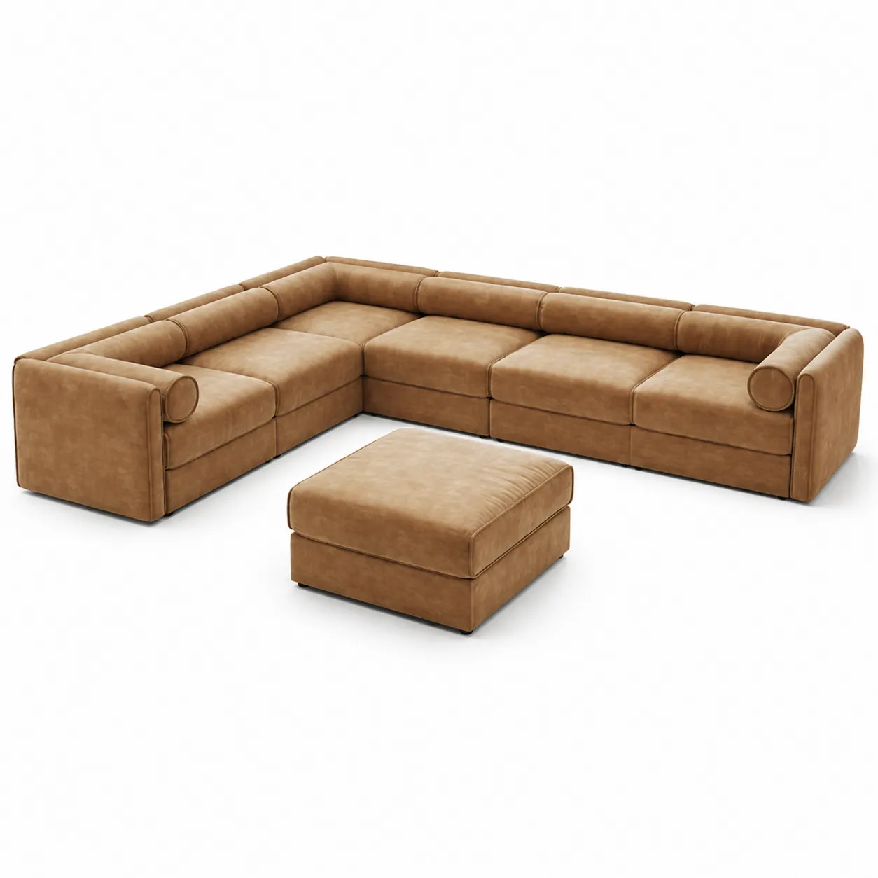 Divano modulare angolare in pelle sintetica marrone con pouf