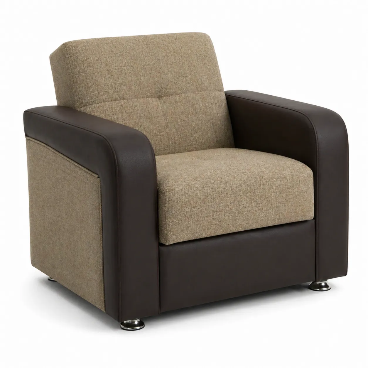 Poltrona in tessuto e pelle sintetica, Beige e Marrone, H 90cm L 85cm P 80cm