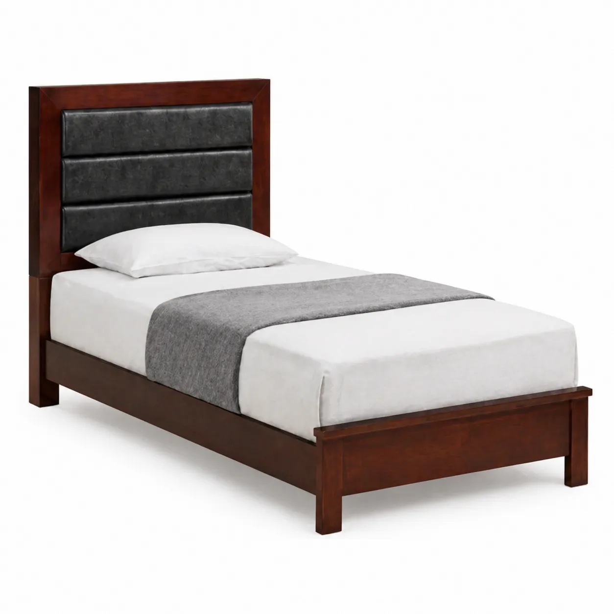 Letto singolo in legno massello con testiera in PU nero