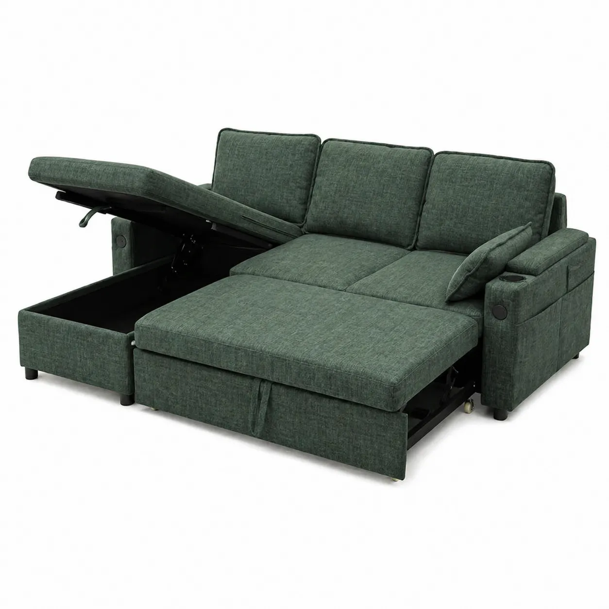 Divano letto angolare in tessuto verde