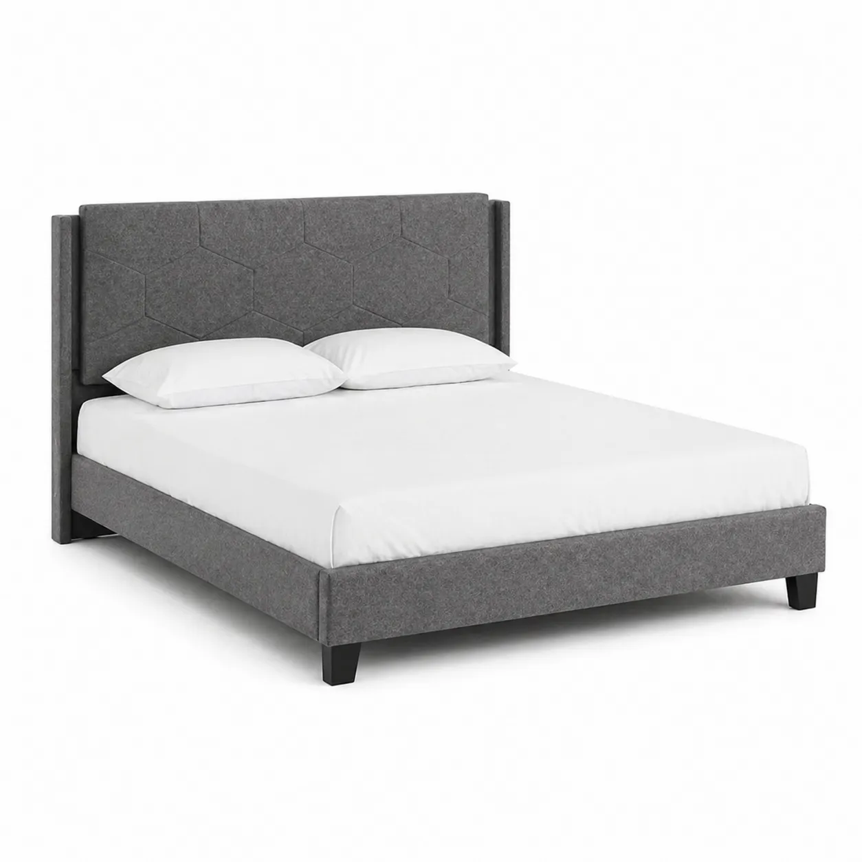 Letto matrimoniale in legno e tessuto grigio