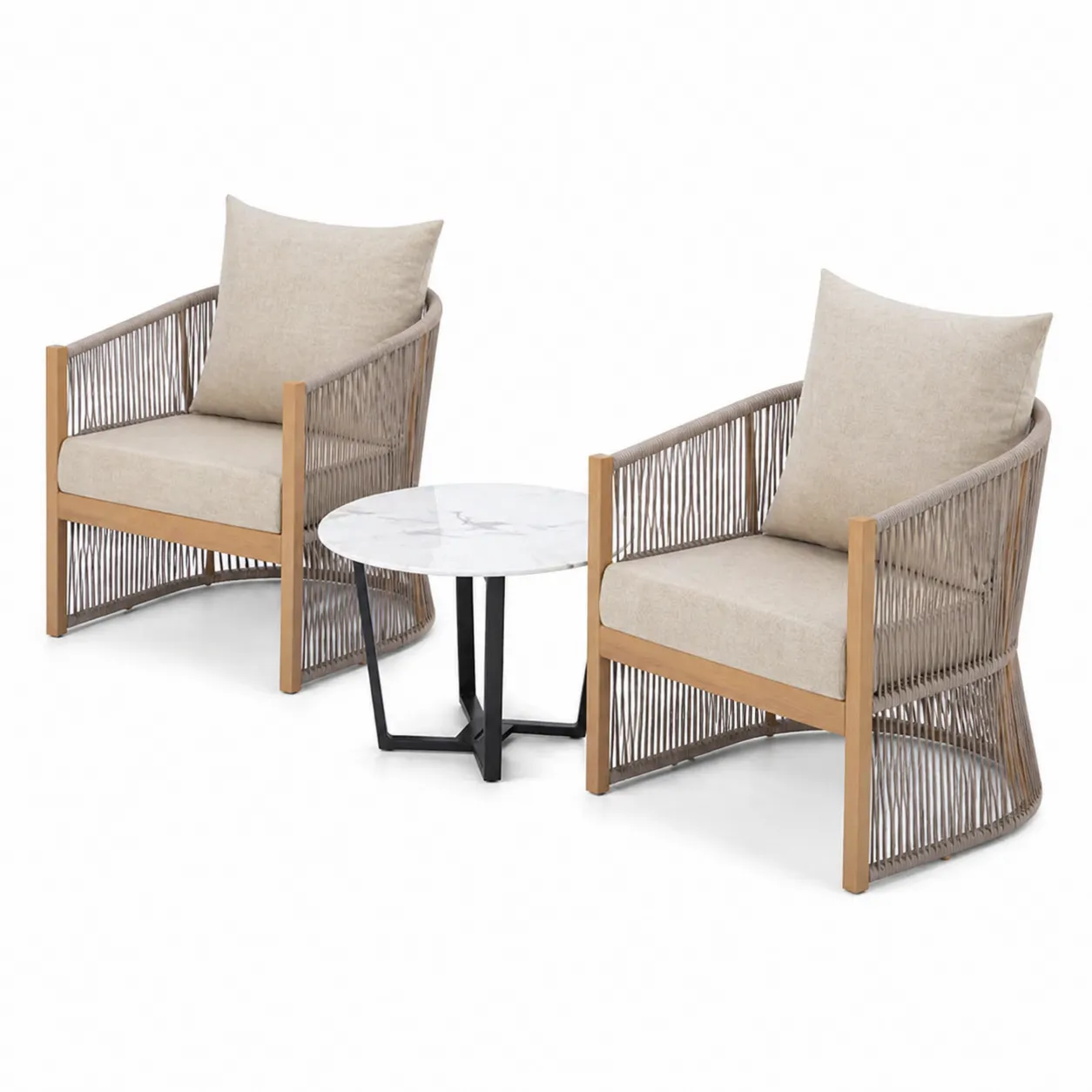 Set di Sedie da Esterno con Tavolo Rotondo in Marmo e Cuscini Beige