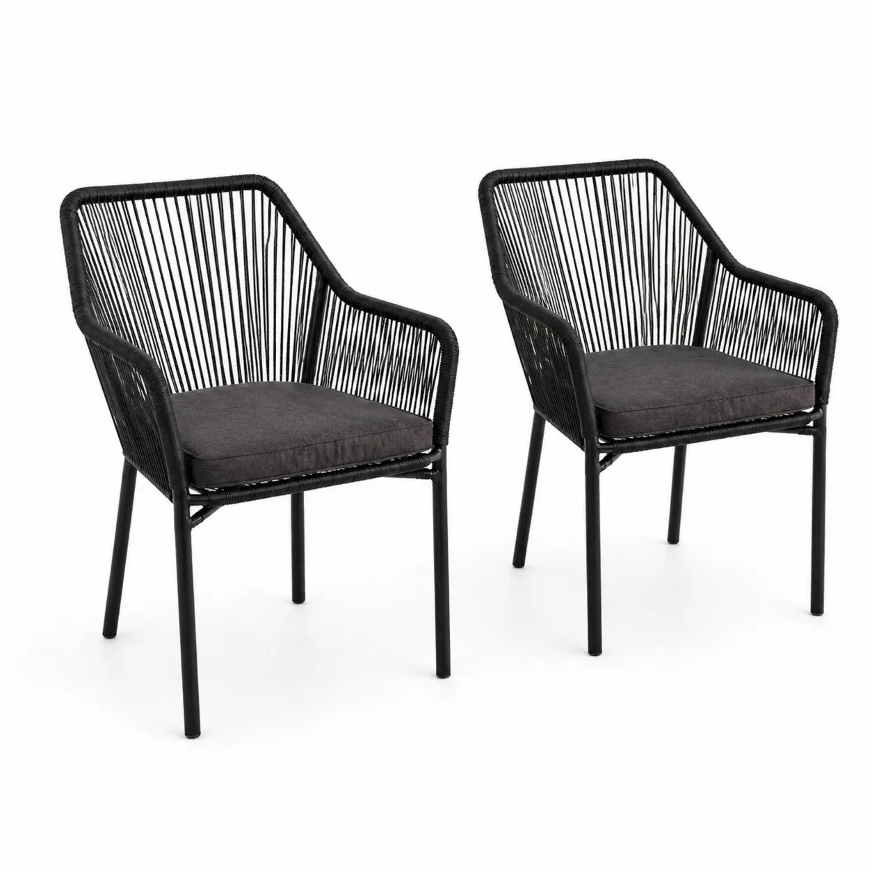 Set di 2 sedie da esterno in metallo e rattan sintetico con cuscini
