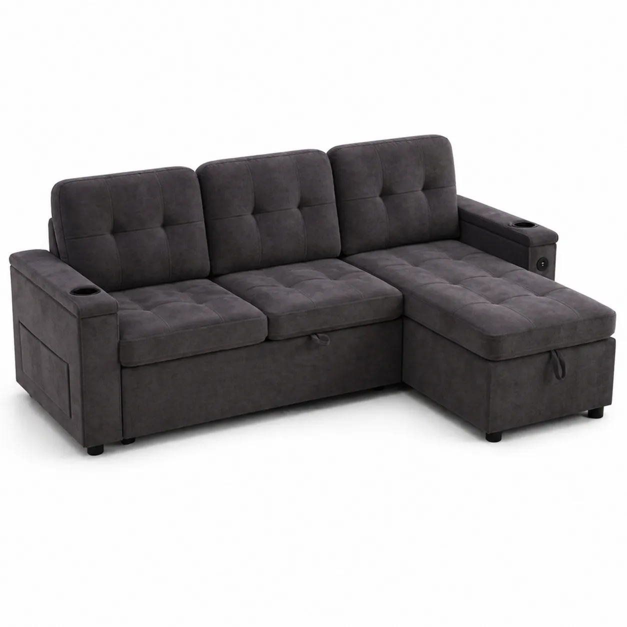 Divano modulare con chaise longue in tessuto poliestere grigio scuro