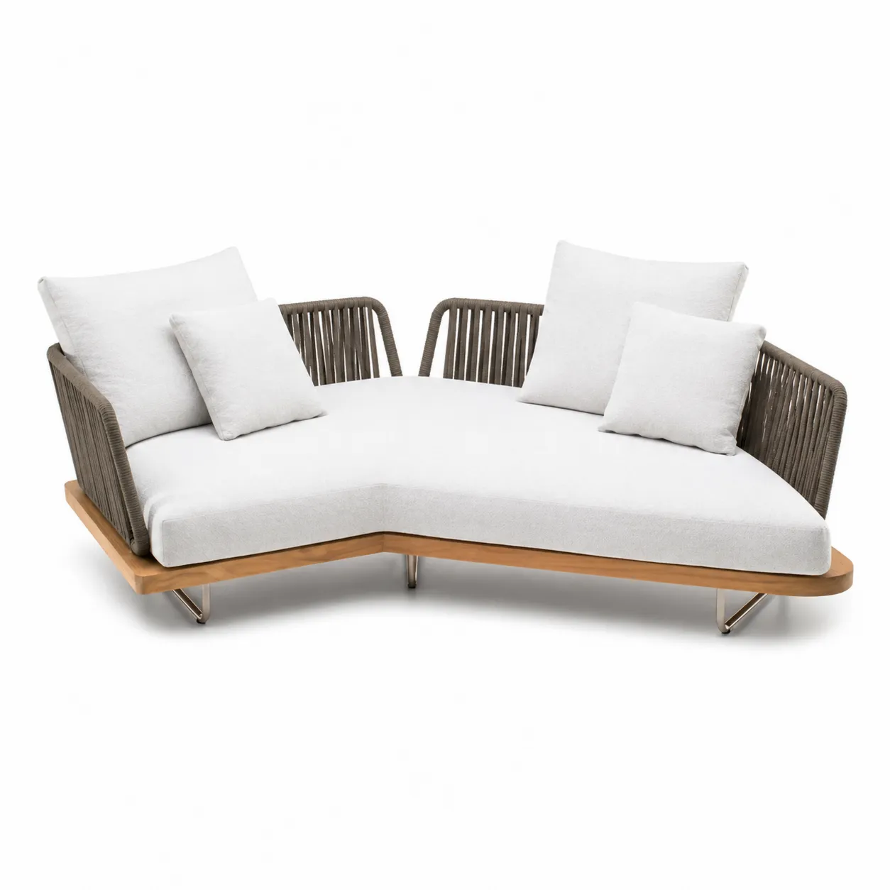 Divano modulare in teak e corda con cuscini bianchi