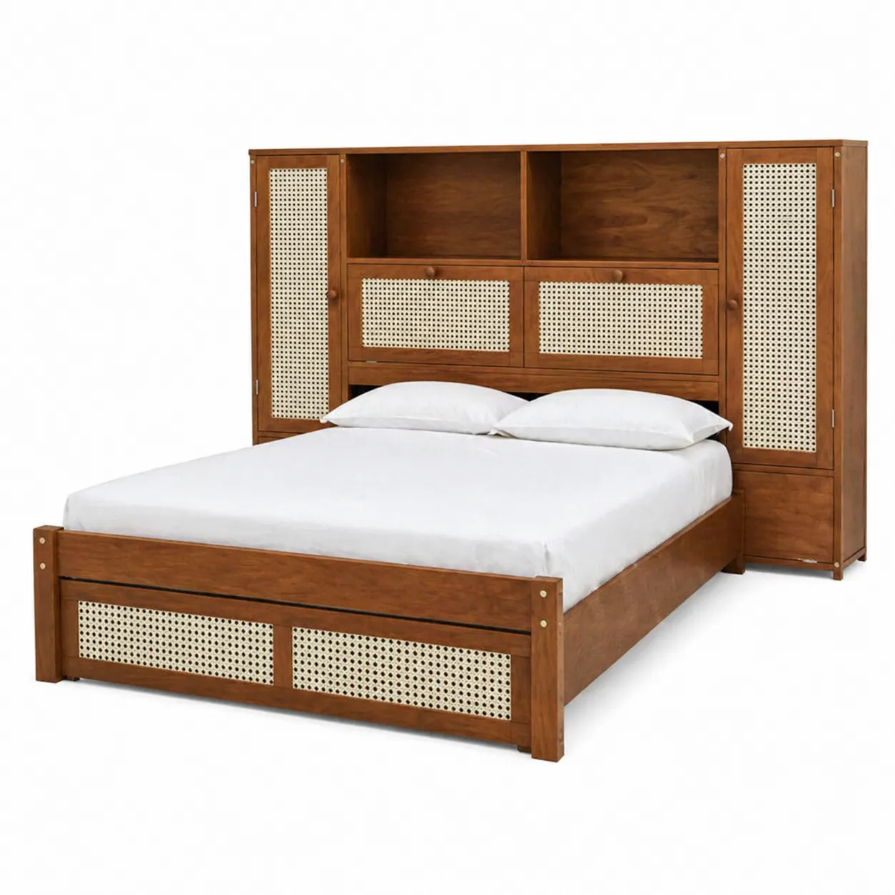 Letto Contenitore in Legno e Rattan con Testiera Portaoggetti
