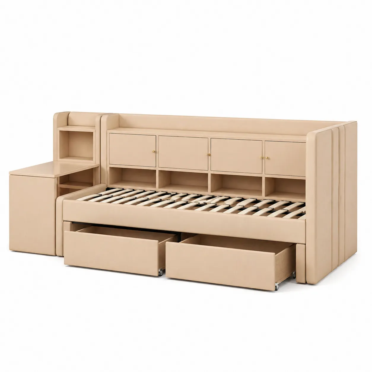 Letto Singolo Contenitore in Legno MDF con Cassetti e Scaffali Beige