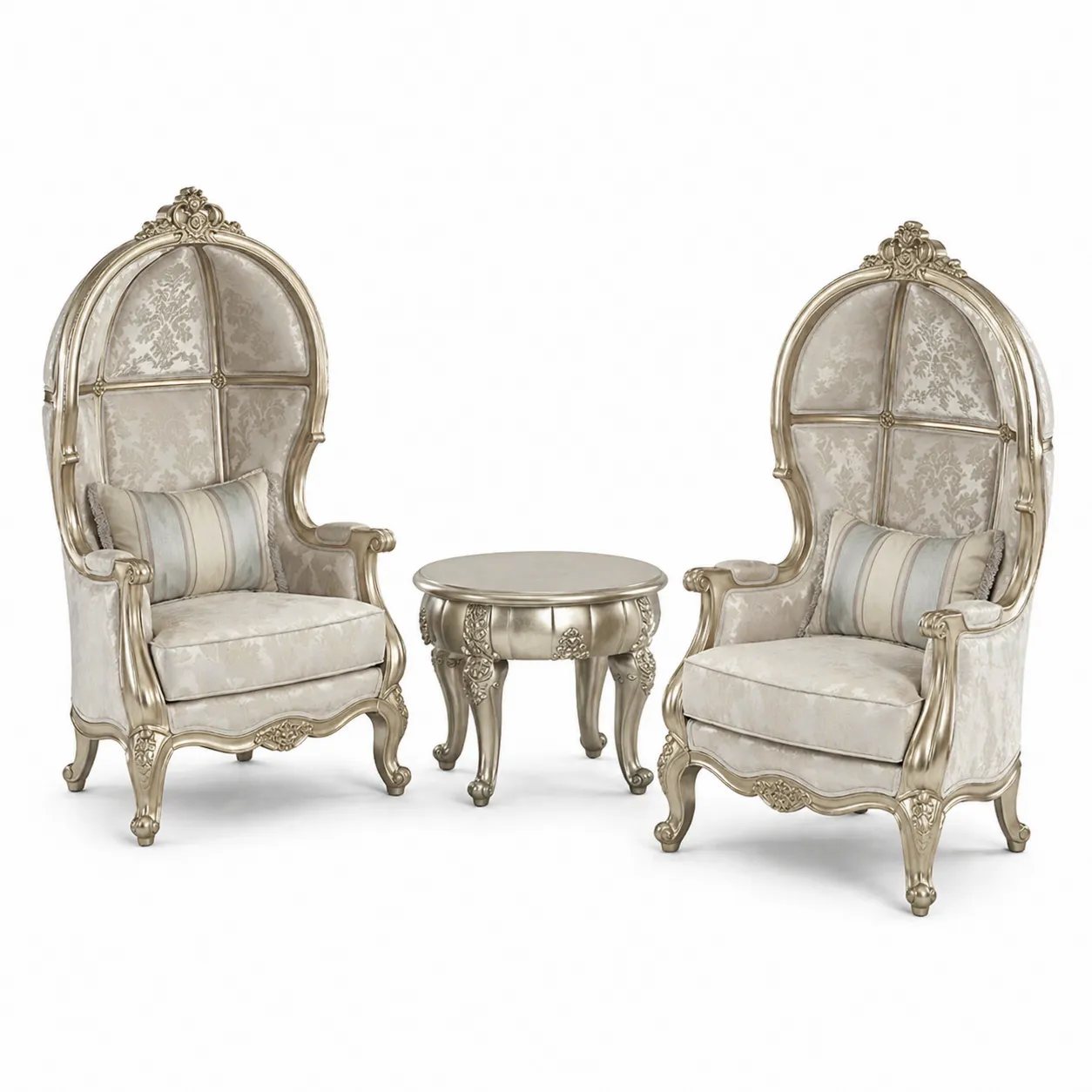 Set di Sedie in Legno e Tavolino in Argento con Rivestimento Floreale