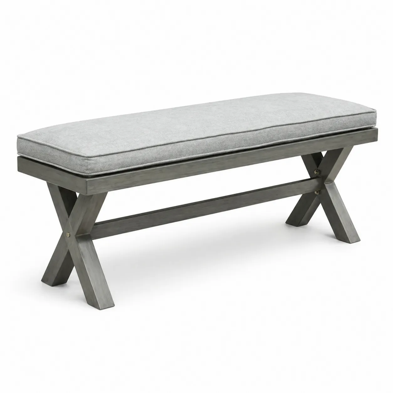Panca in legno con cuscino in tessuto grigio