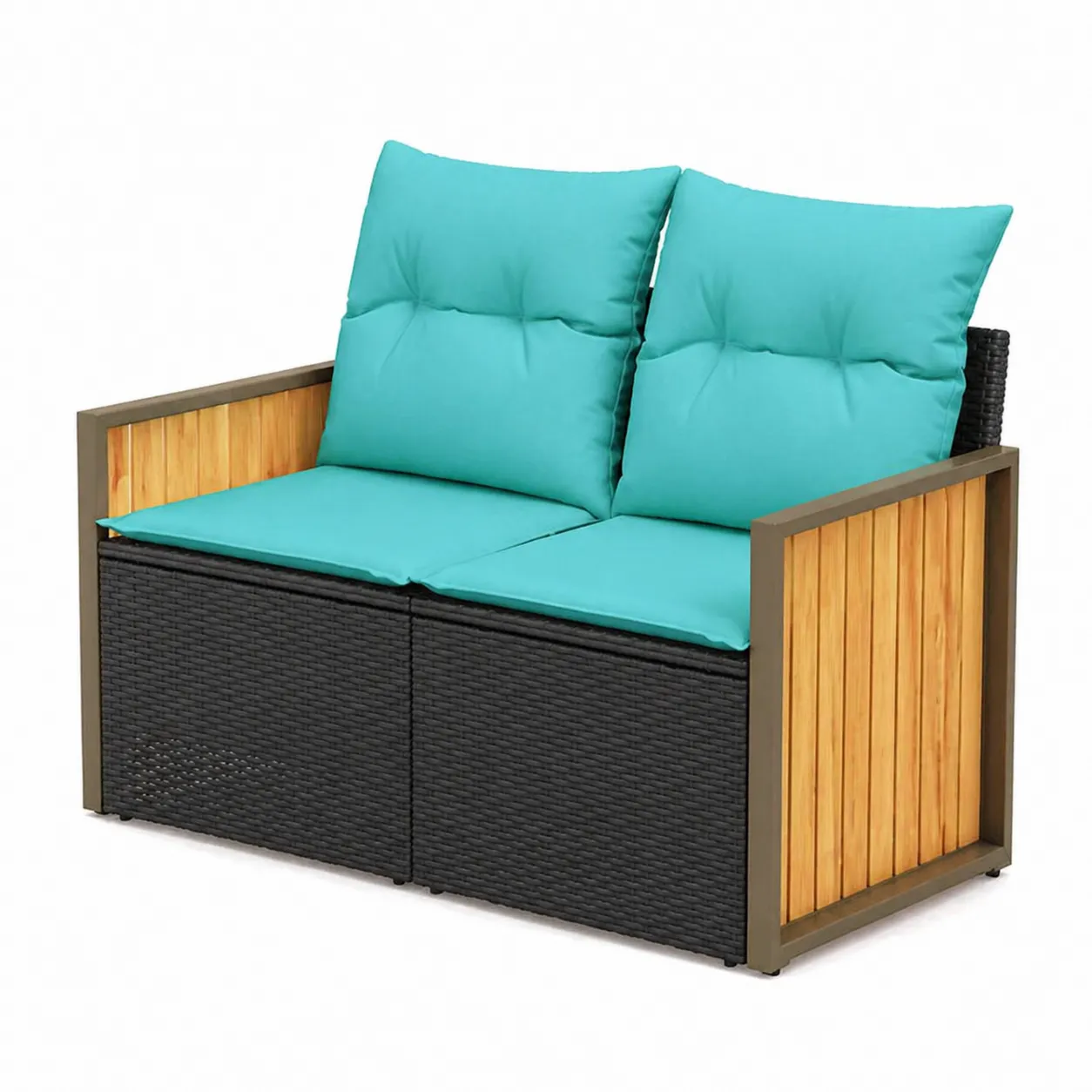 Divano da Giardino in Rattan con Cuscini in Poliestere Turchese