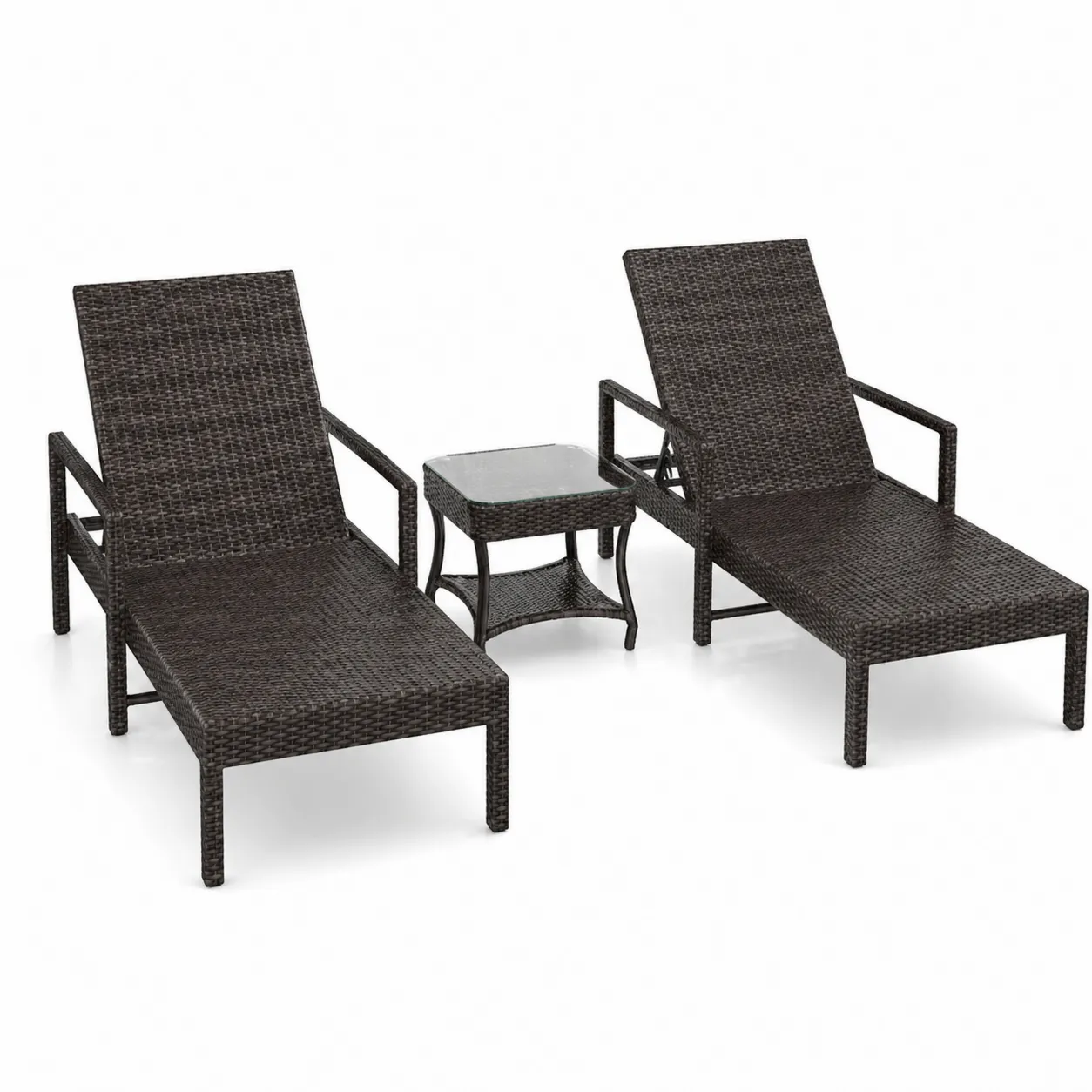 Set Chaise Longue in Rattan Sintetico con Tavolino Marrone