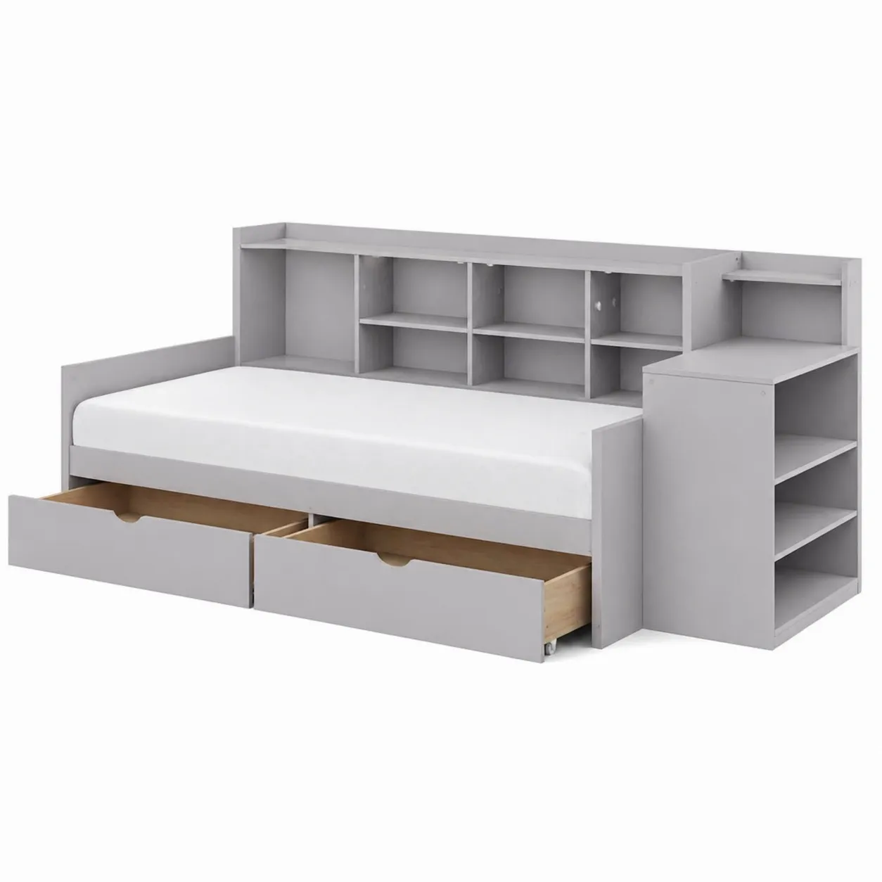 Letto Singolo con Scaffali e Cassetti in Legno Grigio
