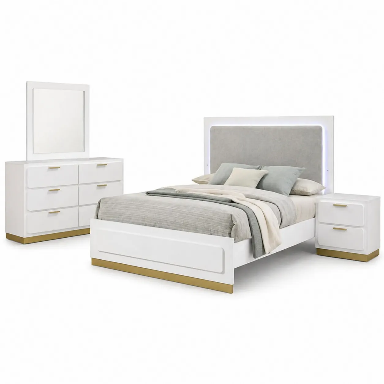 Set da Camera da Letto in Legno MDF e Tessuto con LED Bianco/Oro