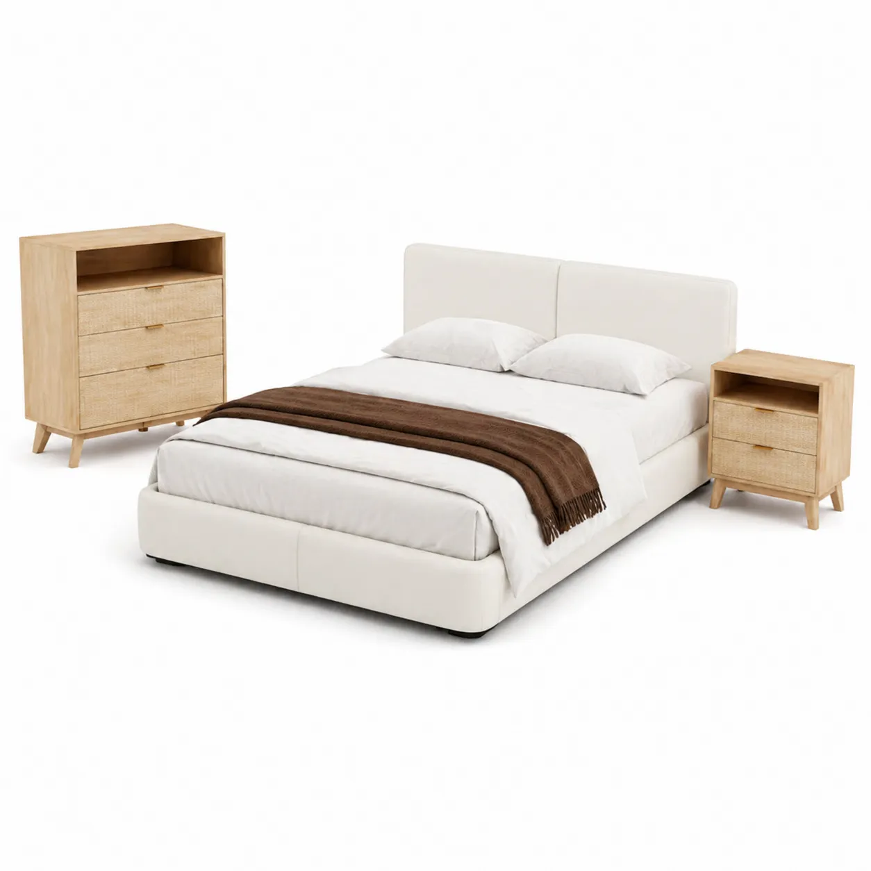 Letto Matrimoniale in Tessuto Crema con Comodini e Cassettiera in Legno di Rovere