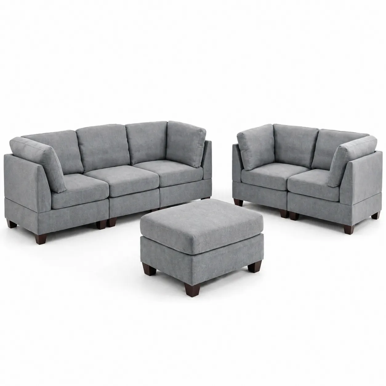 Set Divano Modulare 3 + 2 Posti in Tessuto Grigio con Pouf