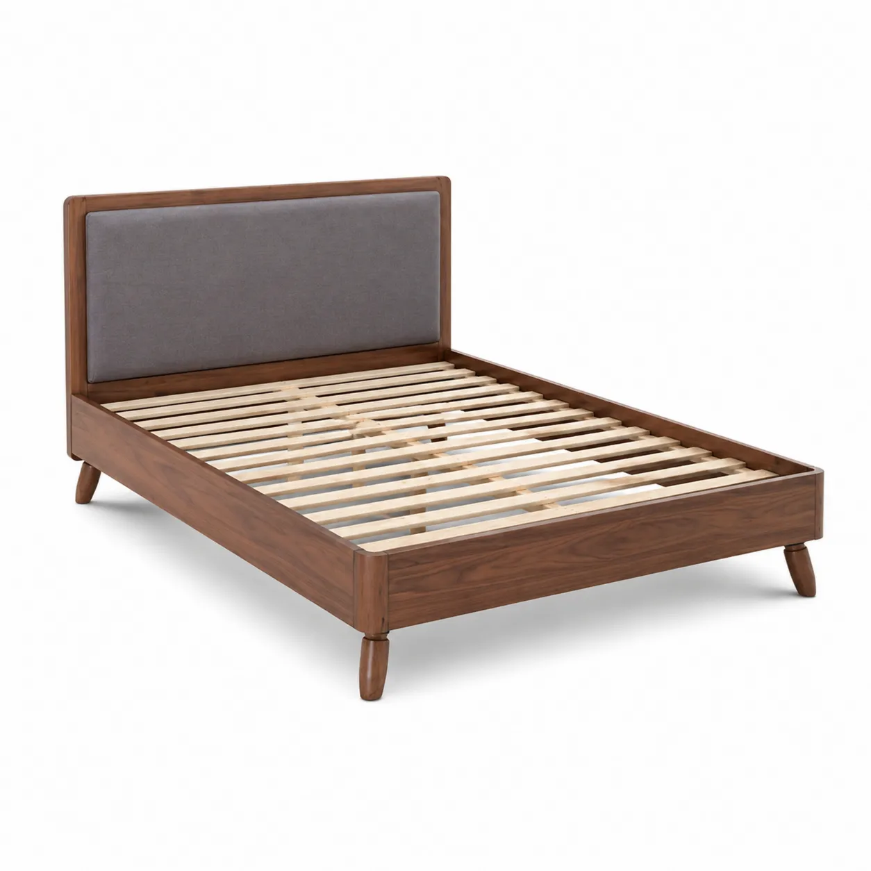 Letto in Legno con Testiera Imbottita in Tessuto Grigio