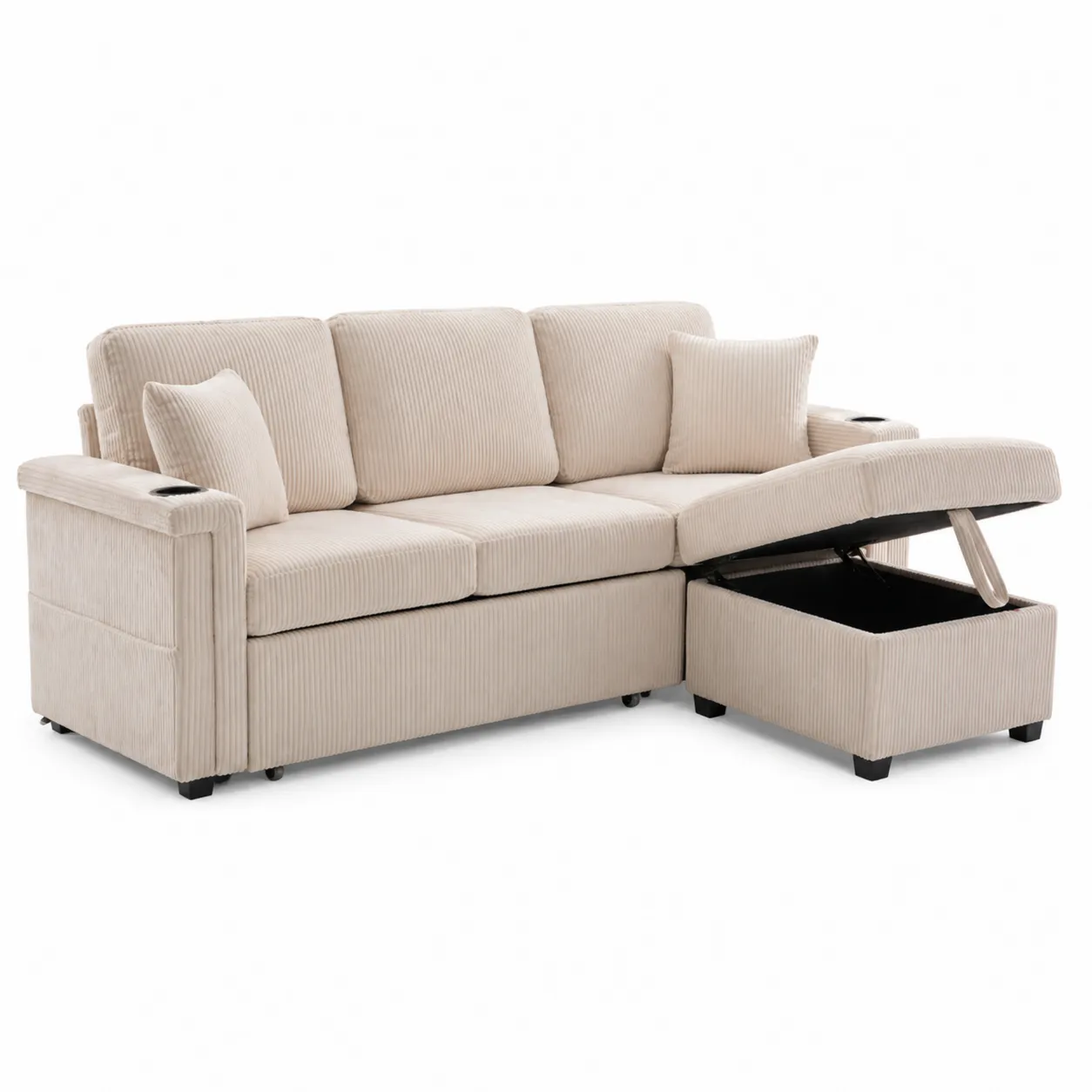 Divano modulare in tessuto a coste beige con contenitore
