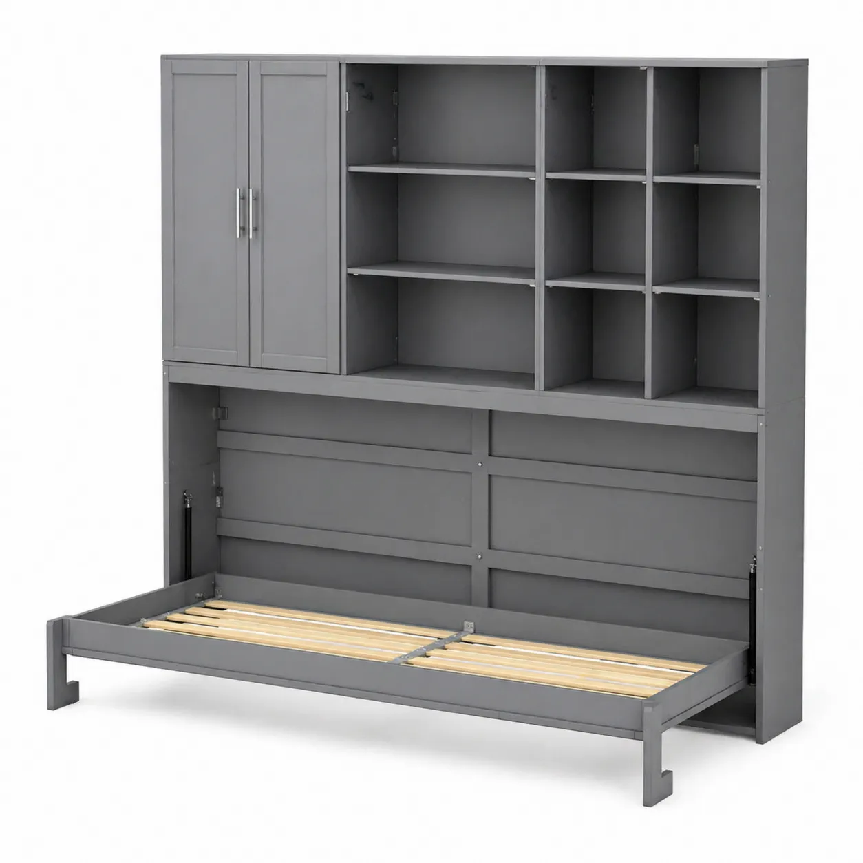 Letto a Scomparsa con Armadio e Scaffali in Legno Grigio