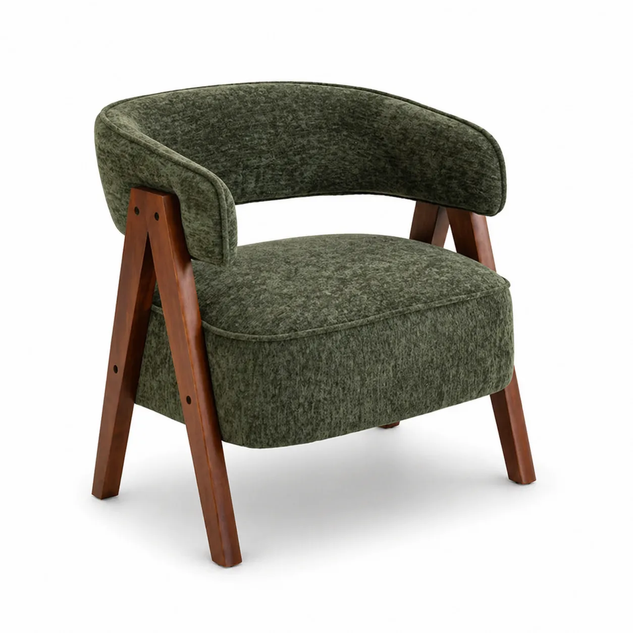 Poltrona in Tessuto Verde con Struttura in Legno