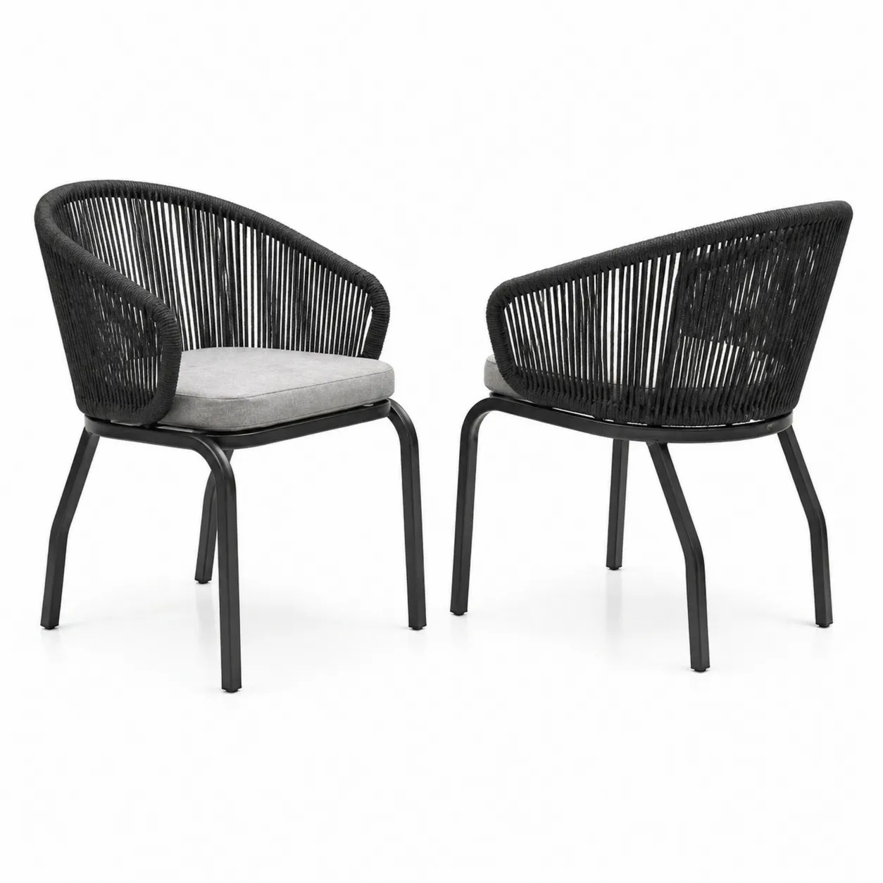 Set di 2 Sedie da Giardino in Metallo e Corda con Cuscino Grigio