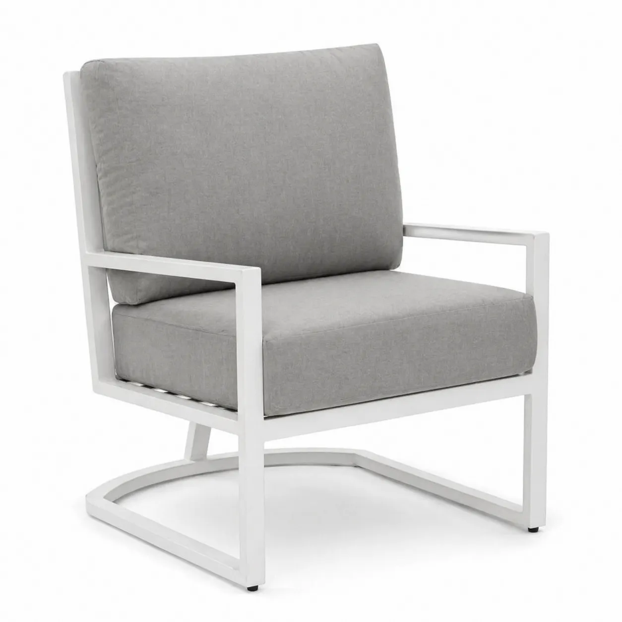 Poltrona in alluminio bianco con cuscini grigi