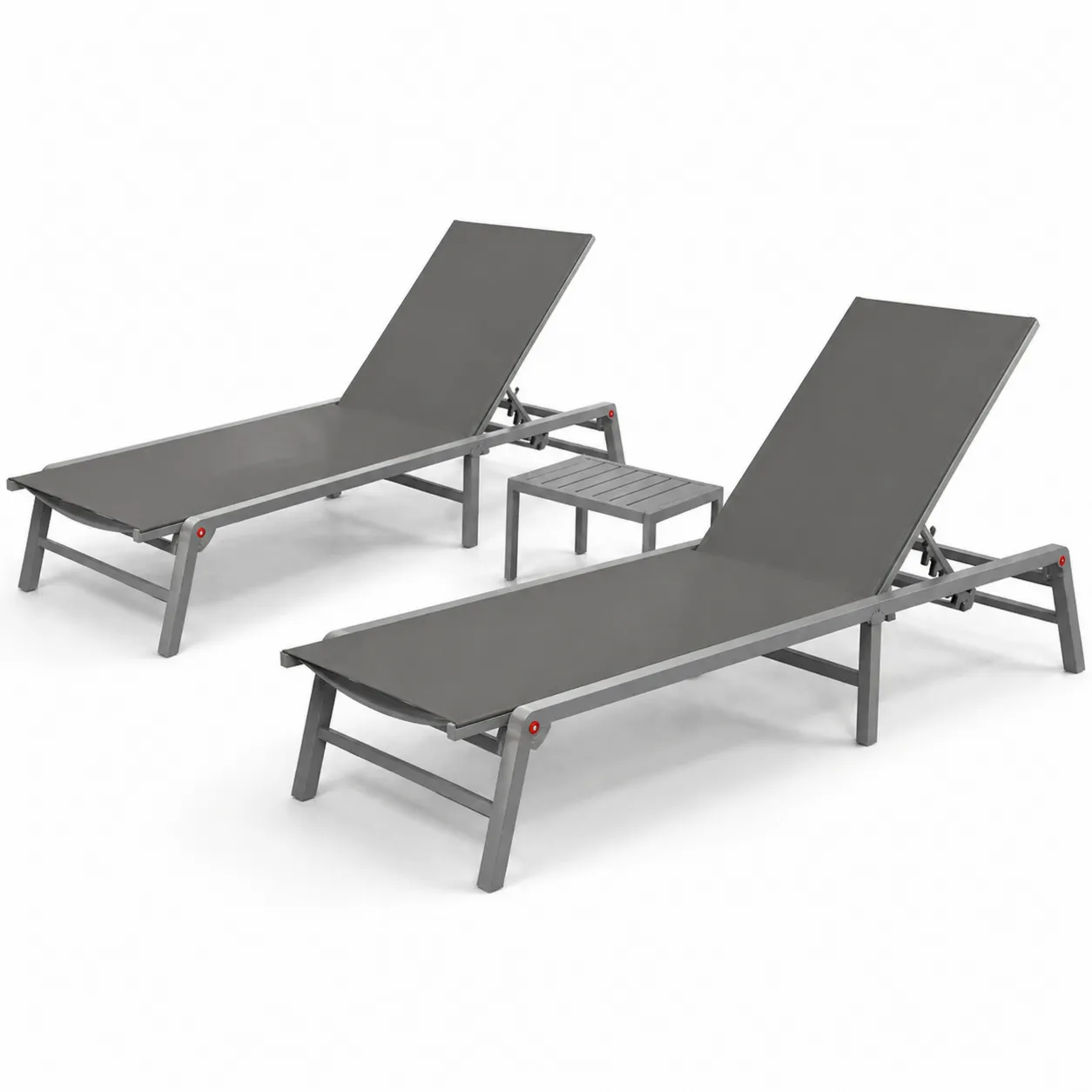 Set di 2 Sdraio Lounge con Tavolino in Alluminio e Textilene Grigio