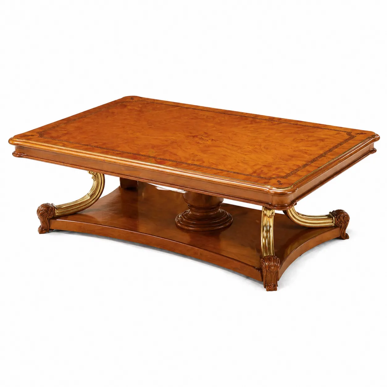 Tavolino da caffè in legno di noce con dettagli in acciaio placcato oro 120x60x45 cm