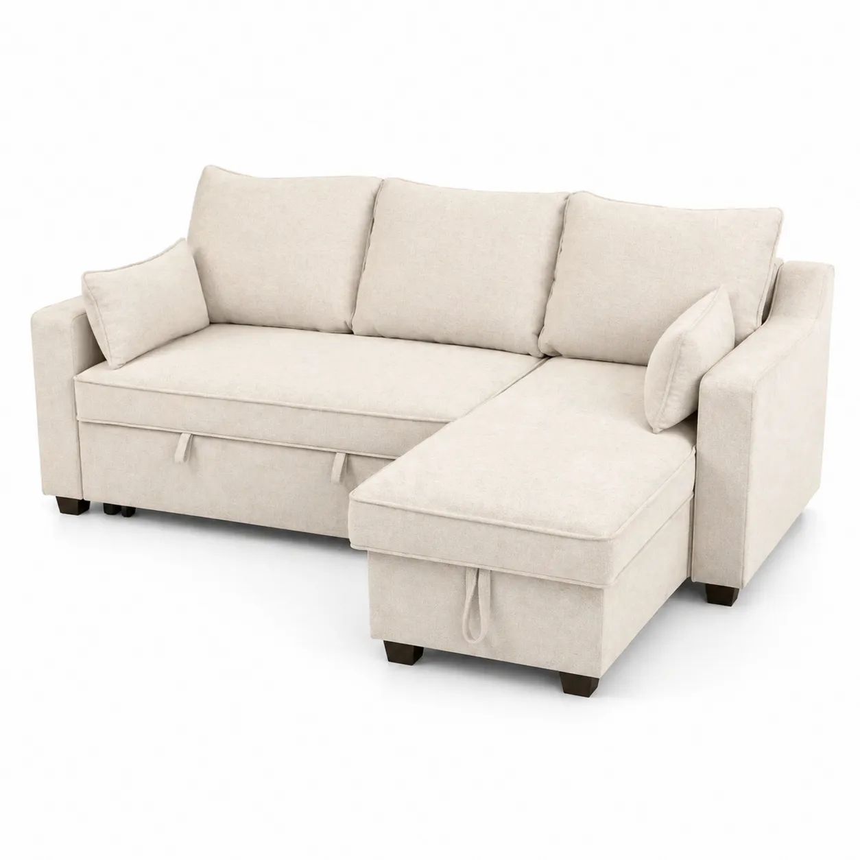Divano angolare in tessuto beige con chaise longue e cuscini