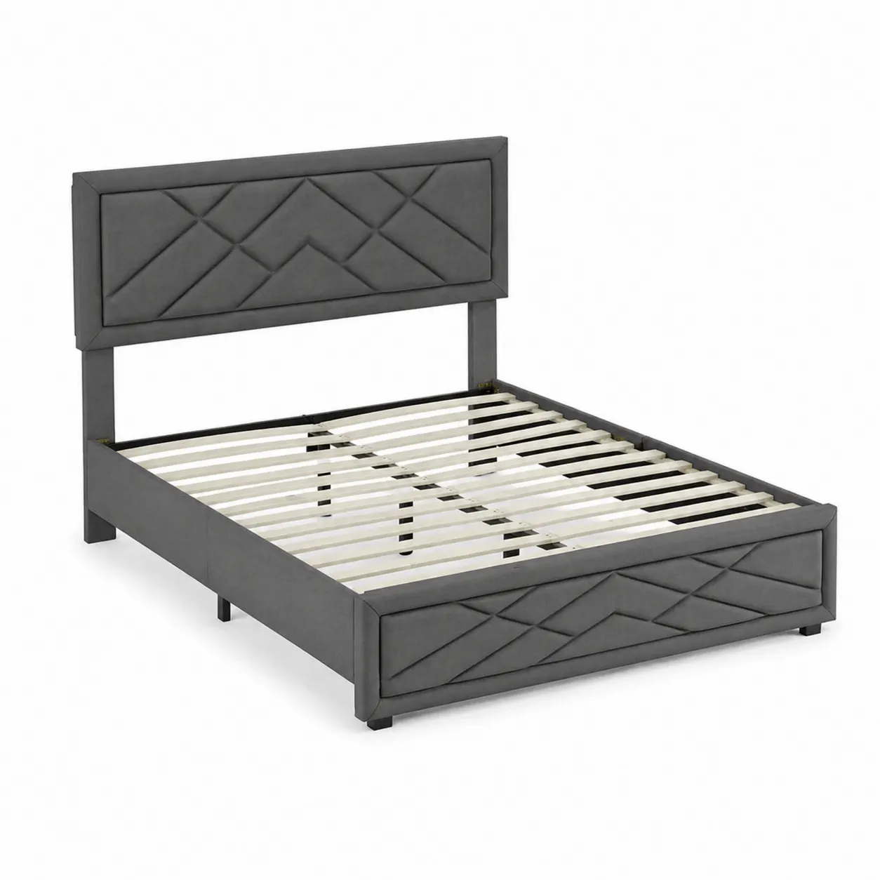Letto matrimoniale in velluto grigio con struttura in legno