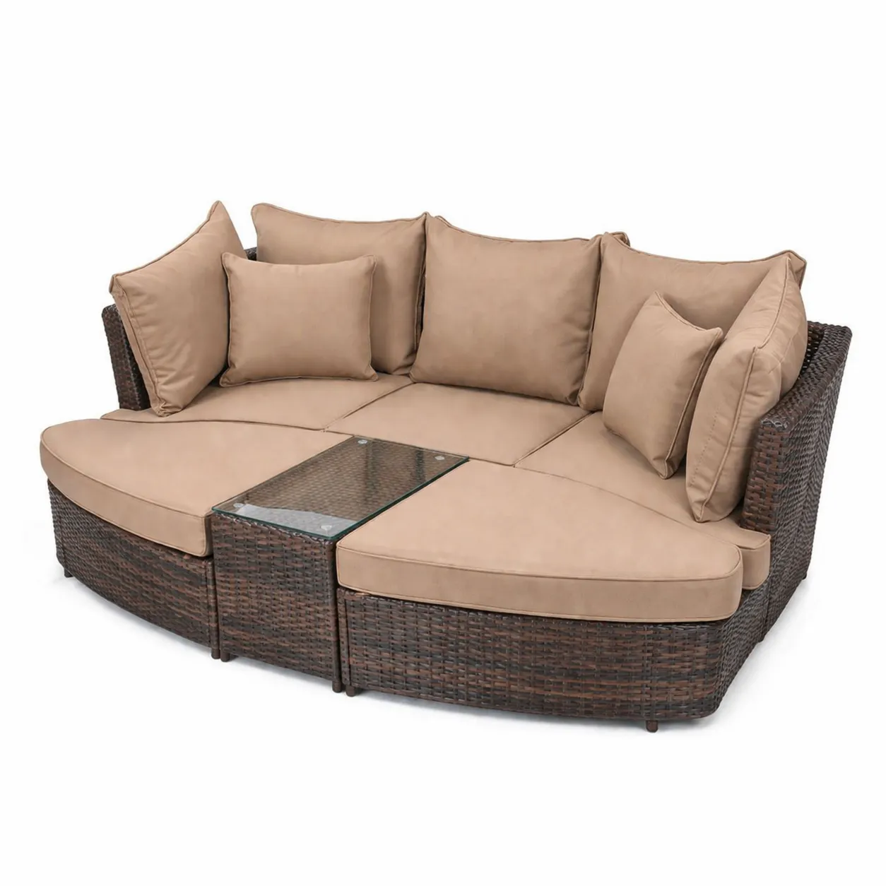 Divano in Rattan con Tavolino in Vetro e Cuscini Beige