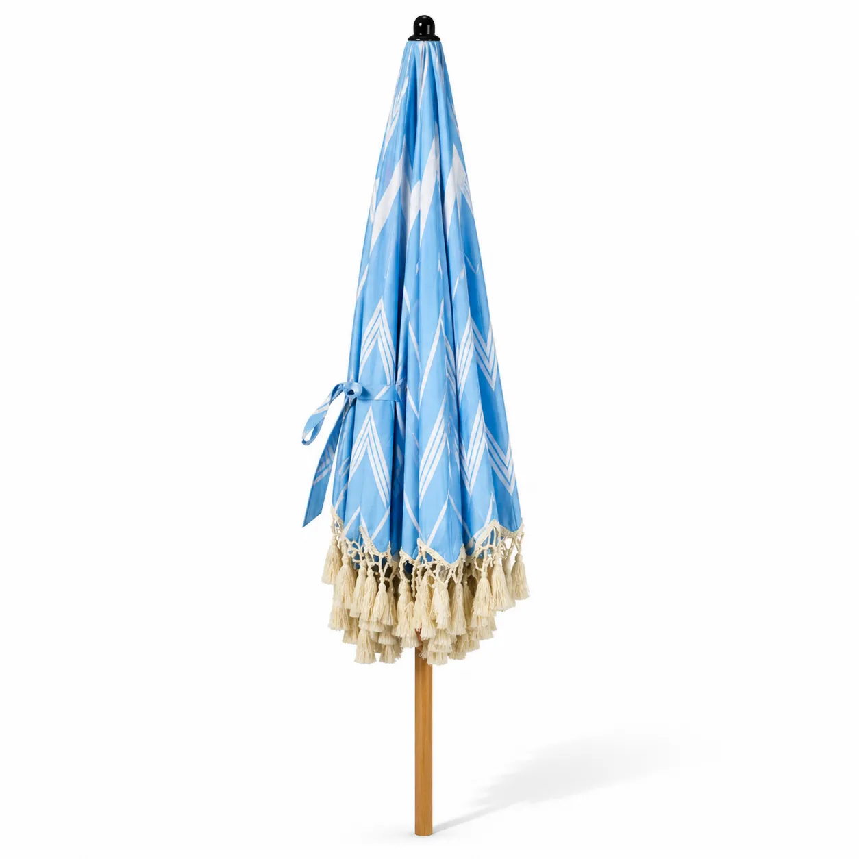 Ombrellone da Esterno in Legno con Rivestimento in Poliestere Blu e Frange