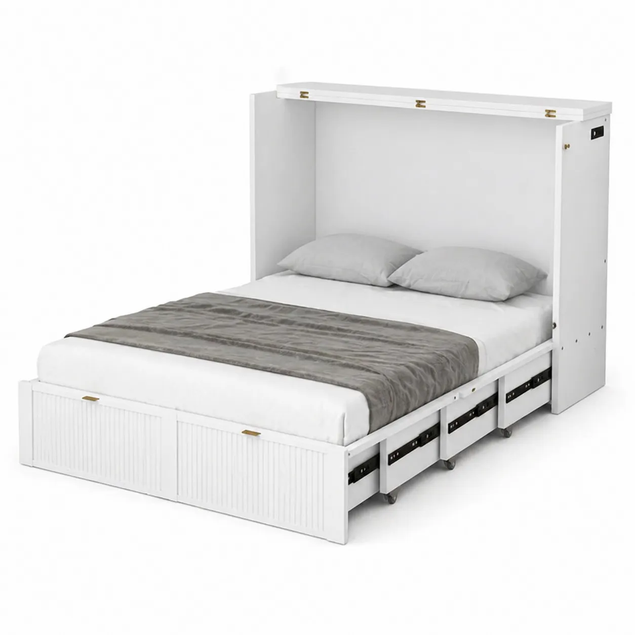 Letto pieghevole in legno bianco con materasso e cuscini