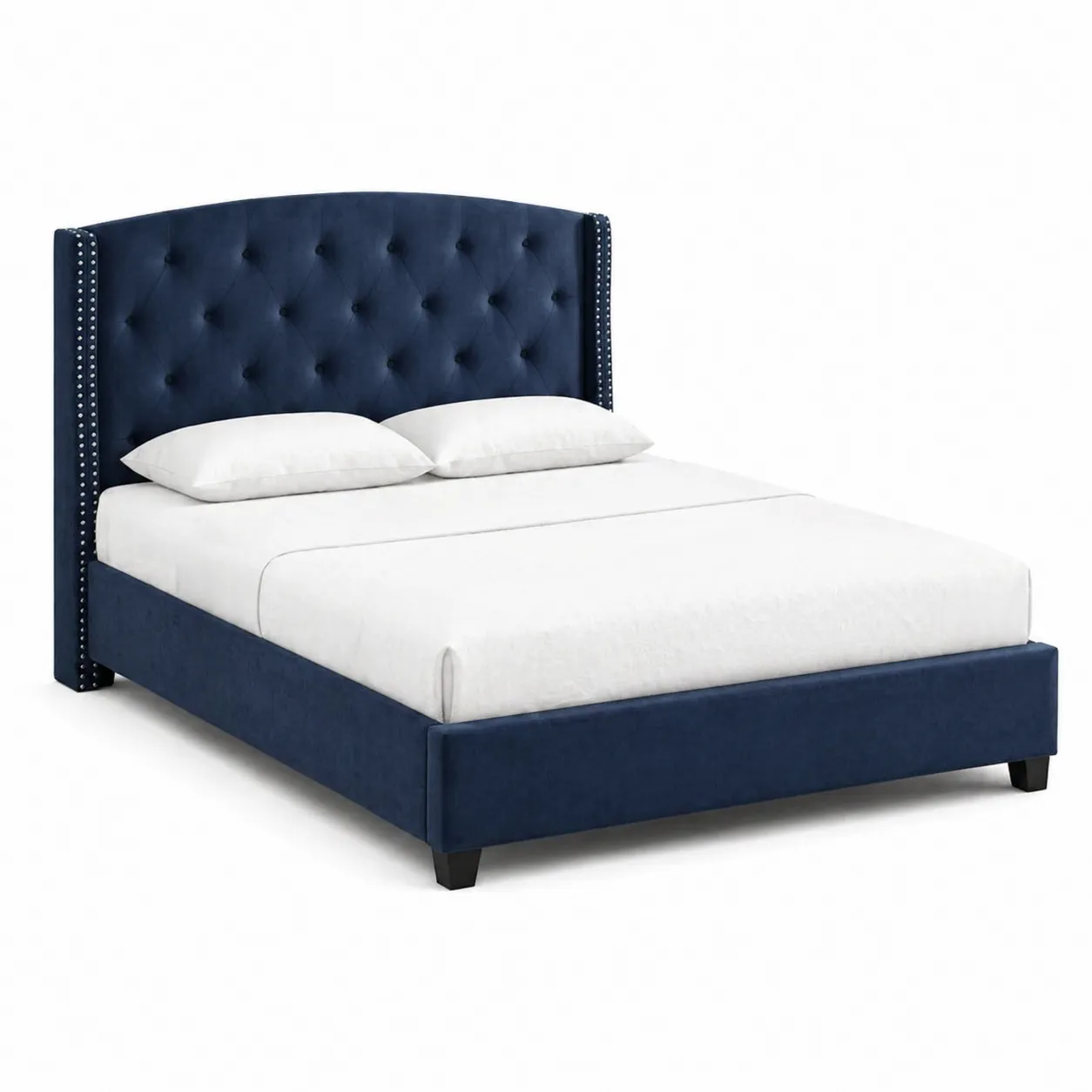 Letto imbottito in velluto blu con testiera capitonné, 200x160 cm