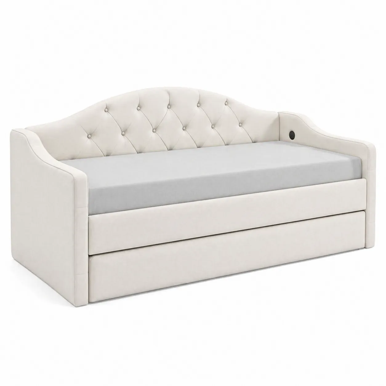 Divano letto con struttura in legno e rivestimento in tessuto beige