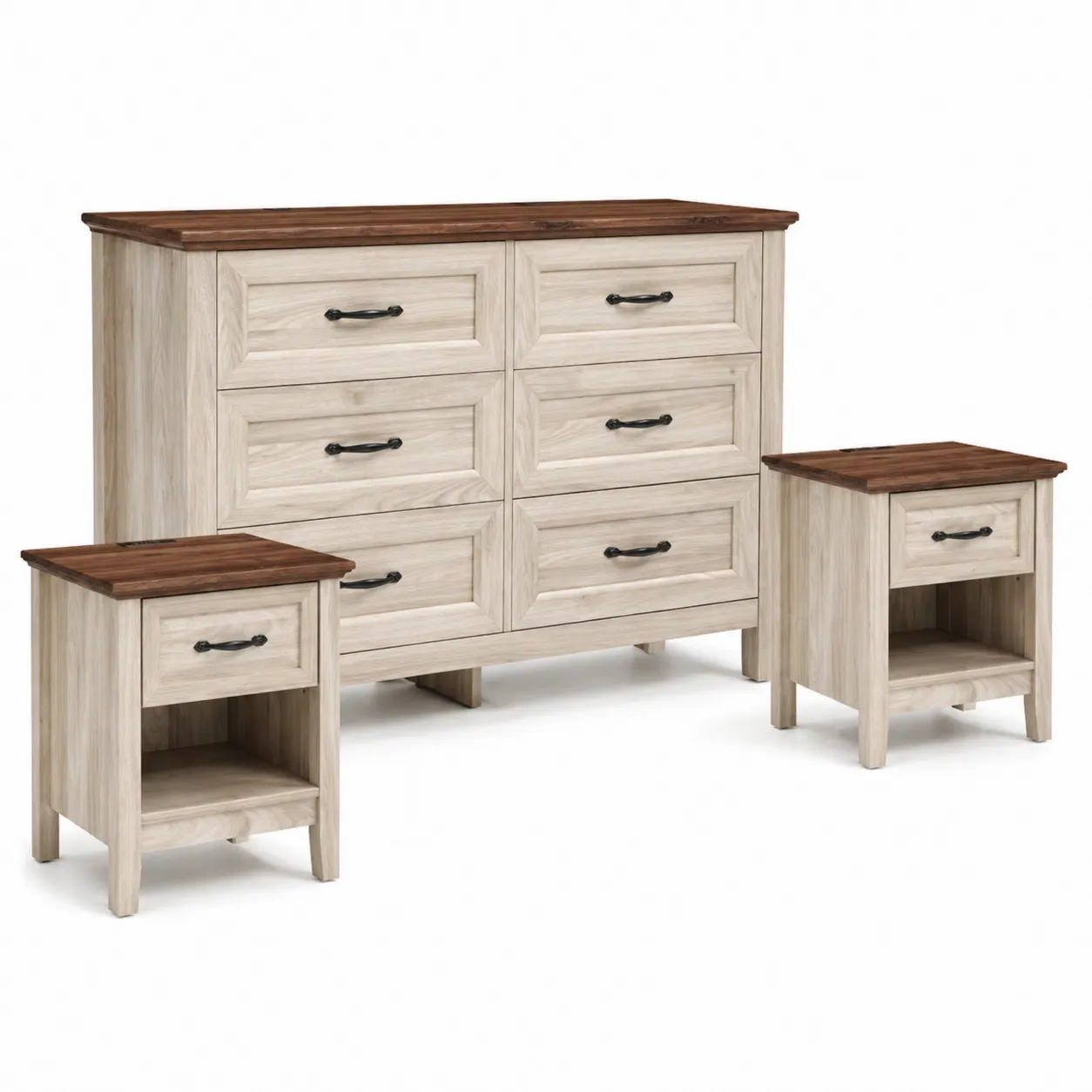 Set di Legno con Cassettiera a Sei Cassetti e Due Comodini Beige/Marrone
