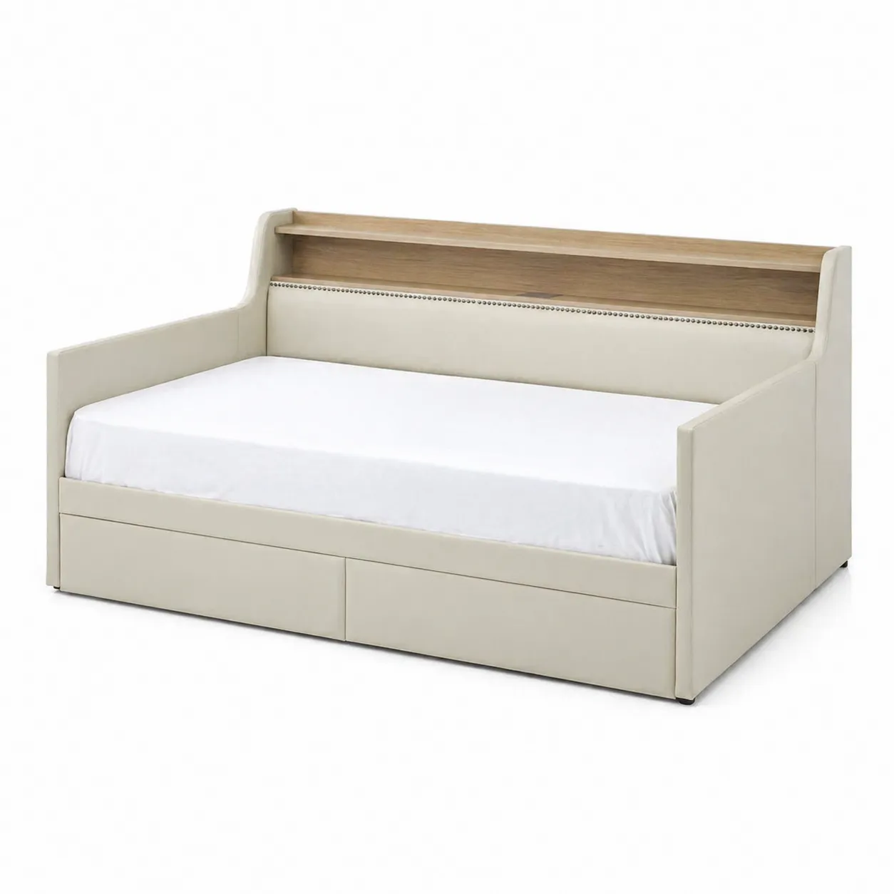 Divano Letto in Legno e Pelle Sintetica con Cassetti Crema